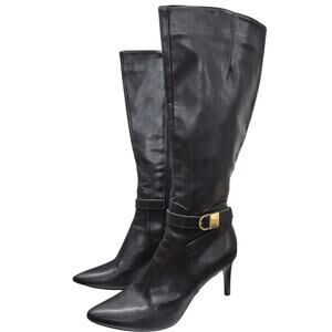 CALVIN KLEIN JEMAMINE $230 Black Vegan Leather Designer Tall Heel Boots 9.5